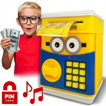 Детская Копилка сейф для детей Saving Box Жёлто-голубая игрушечный робот Миньйон интерактивная игрушка электронная c кодовым замком и светом Детская Копилка сейф для детей Saving Box Жёлто-голубая игрушечный робот Миньйон интерактивная игрушка электронная c кодовым замком и светом