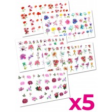 Слайдер-дизайн наклейки для ногтей набор Цветы Flowers 5шт. 2D WawDeco разноцветные на легкой прозрачной основе / w38 Слайдер-дизайн наклейки для ногтей набор Цветы Flowers 5шт. 2D WawDeco разноцветные на легкой прозрачной основе / w38