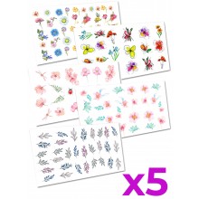 Слайдер-дизайн наклейки для ногтей набор Цветы Flowers 5шт. 2D WawDeco разноцветные на легкой прозрачной основе / w39 Слайдер-дизайн наклейки для ногтей набор Цветы Flowers 5шт. 2D WawDeco разноцветные на легкой прозрачной основе / w39