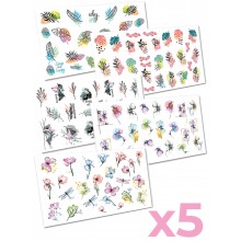 Слайдер-дизайн наклейки для ногтей набор Цветы Flowers 5шт. 2D WawDeco разноцветные на легкой прозрачной основе / w41 Слайдер-дизайн наклейки для ногтей набор Цветы Flowers 5шт. 2D WawDeco разноцветные на легкой прозрачной основе / w41