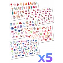 Слайдер-дизайн наклейки для ногтей набор Цветы Flowers 5шт. 2D WawDeco разноцветные на легкой прозрачной основе / w43 Слайдер-дизайн наклейки для ногтей набор Цветы Flowers 5шт. 2D WawDeco разноцветные на легкой прозрачной основе / w43