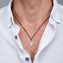 Серебряное мужское колье Family Tree Jewelry на черном шнурке с подвеской амулет Хамса - Men Hamsa Hand of Fatima Protection Evil Eye Black Rope Necklace Серебряное мужское колье Family Tree Jewelry на черном шнурке с подвеской амулет Хамса - Men Hamsa Hand of Fatima Protection Evil Eye Black Rope Necklace